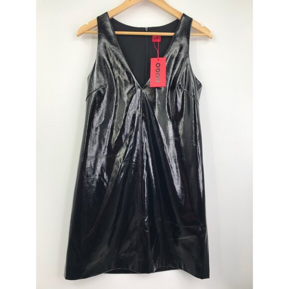 HUGO Kadice Faux Leather Effect A-Line V-Neck Dress Black Size 4 NEW - Picture 4 of 11